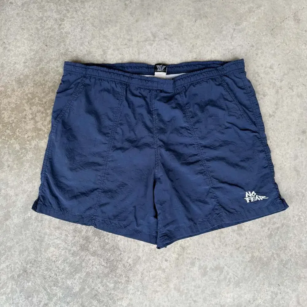 Vintage 90s No Fear Dangerous Sports Gear Navy Blue Nylon Swim Trunks